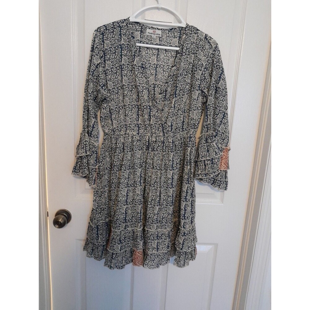 Floating Lotus Blue Paisley Mini Dress  Bell Sleeves. Size M/L. B40